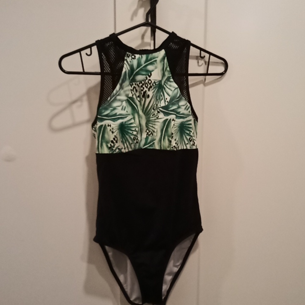 Beautiful high neck mesh & tropical print black & green swimsuit 1 pc. full bum